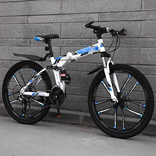 Falträder : FLJMR 26-Zoll-Mountainbike-Klappräder, 27-Gang-Kompaktklapp-Pendler-Doppelscheibenbremse mit Vollfederung, Offroad-Fahrräder mit Variabler Geschwindigkeit für Männer und Frauen, Blau