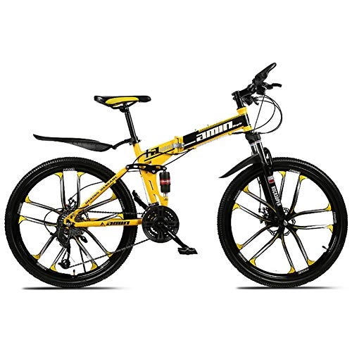 Falträder : FXMJ Faltbares Mountainbike, MTB Vollfederung Jugendrad Mountain Bike Unisex, 26 Zoll Fahrrad, Erwachsene Fahrrad aus Kohlenstoffstahl, Zwei Scheibenbremsen, Gelb, 30 Speed