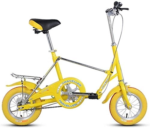 Falträder : GJZM Mountainbikes Mini Falträder 12 Zoll Single Speed​Super Compact Faltbares Fahrrad Leichtes Faltrad aus kohlenstoffhaltigem Stahl mit Gepäckträger Gelb-Gelb