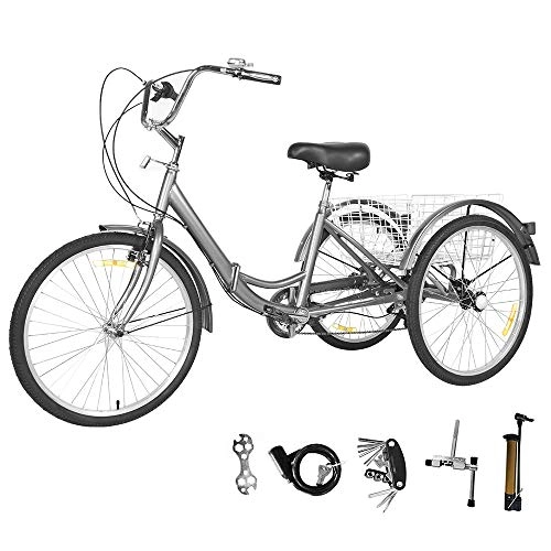 Falträder : GNEGNIS Dreirad für Erwachsene 24 Zoll 7 Geschwindigkeit Gänge Aluminium Rahmen 3 Rad Fahrrad klappbar Trike Dreirad mit Einkaufskorb für Erwachsene und Senioren, Silbergrau