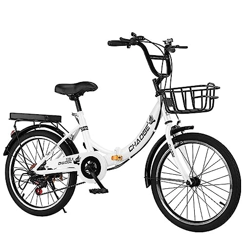 Falträder : JAMCHE Faltrad 6-Gang-Faltrad Citybike aus Kohlenstoffstahl, höhenverstellbares Faltrad mit Gepäckträger hinten, Kotflügel vorne und hinten