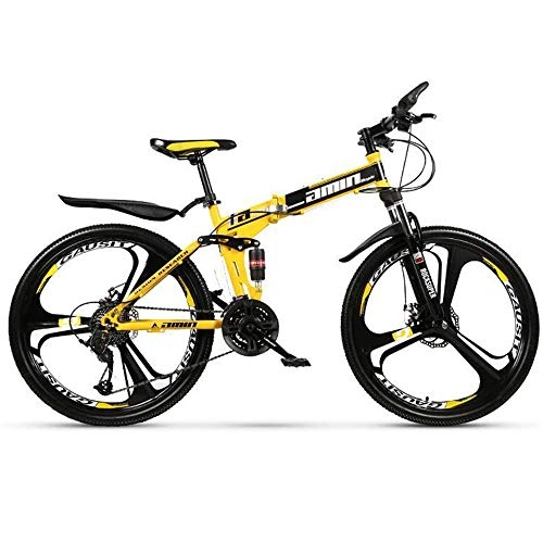Falträder : JHKGY 24 / 26 Zoll Mountainbike mit Vollfederung Klapprad Speed Doppelscheibenbremse Erwachsenenfahrrad, gelb, 24 inch 21 speed