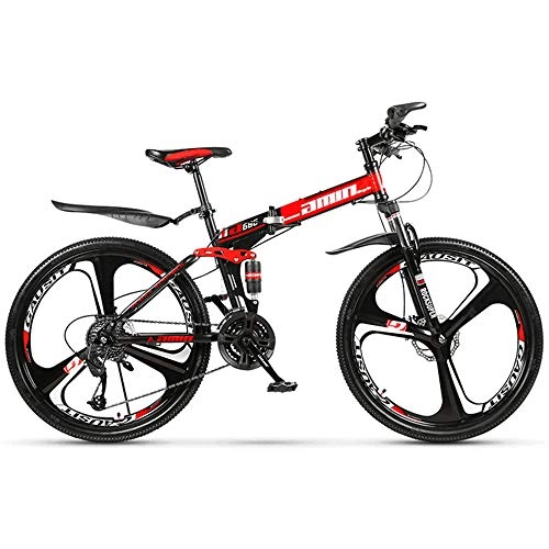 Falträder : JHKGY 24 / 26 Zoll Mountainbike mit Vollfederung Klapprad Speed Doppelscheibenbremse Erwachsenenfahrrad, rot, 24 inch 21 speed