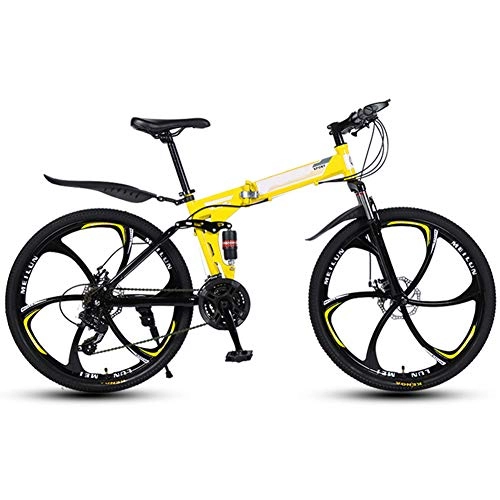 Falträder : KXDLR Berg Faltrad, 26-Zoll-Folding Mit Sechs Schneidrad Und Doppelscheibenbremse, Premium Full-Suspension Und 27 Speed ​​Gear, Gelb