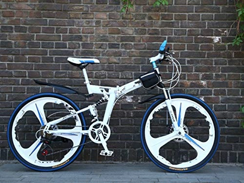 Falträder : Liutao 26 Zoll Mountainbike, 21 Gänge, zusammenklappbar, Mountainbike, Doppelscheibenbremse, geeignet für Erwachsene, 61 cm (24 Zoll), Weiß und Blau