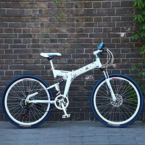 Falträder : Liutao 26 Zoll Mountainbike, 21 Gänge, zusammenklappbar, Mountainbike, Doppelscheibenbremse, geeignet für Erwachsene, 61 cm F, Weiß und Blau