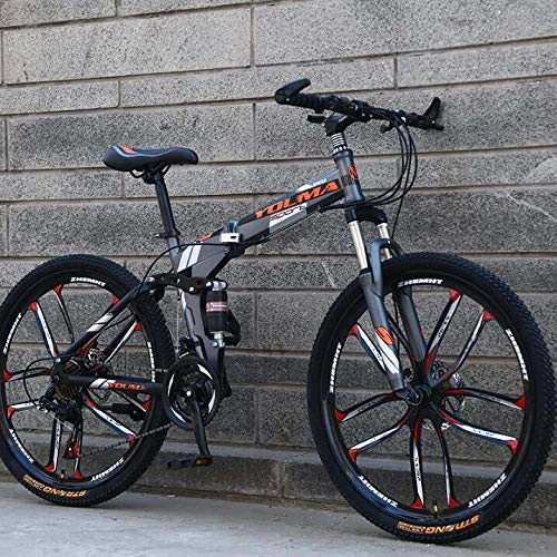 Falträder : LJLYL 26 Zoll Mountainbike Folding für Männer und Frauen, Dual Suspension Fahrrad Hochrahmen aus Kohlenstoffstahl, Stahlscheibenbremse, Aluminiumlegierungsrad, Grau, 24 Speed
