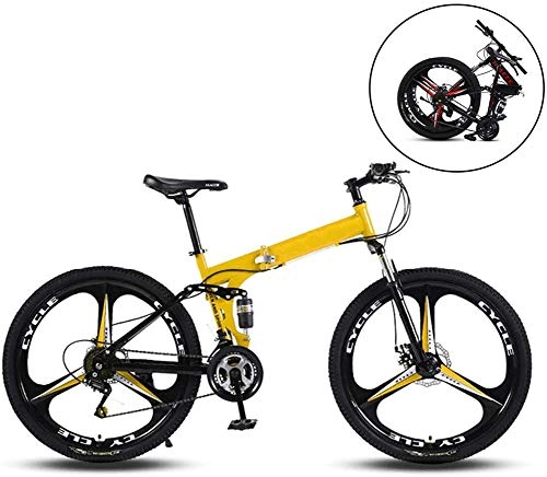 Falträder : Mountainbikes, zusammenklappbarer Rahmen aus hochkohlenstoffhaltigem Stahl 26-Zoll-Doppelstoßdämpfung mit Variabler Geschwindigkeit DREI Schneidräder Faltbares Fahrrad, Gelb, 27 Speed