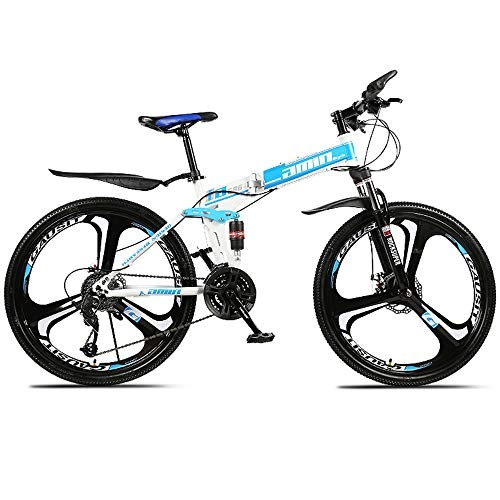 Falträder : MTCTK Faltbares Mountainbike für Erwachsene 26 Zoll doppeltes stoßabsorbierendes Mountainbike mit hoher Kohlenstoffstahl-Scheibenbremse VTT-Fahrrad für Geländerennen, Whiteblue, 30speed