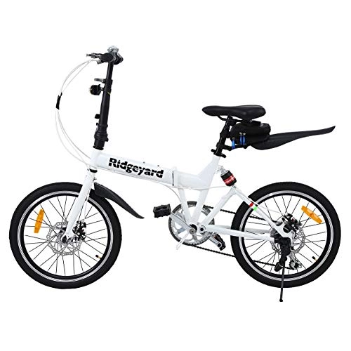 Falträder : MuGuang Faltbares Fahrrad 20 Zoll 7 Gang Faltmaschine + LED Batterie Leuchte + Sitztasche + Fahrradglocke (Weiß)