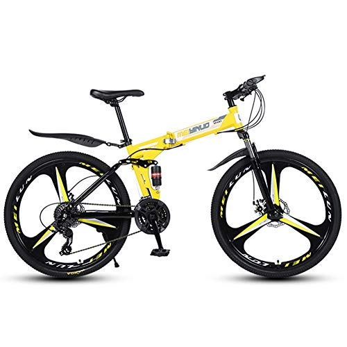 Falträder : MYRCLMY Mountain Bike 26 Zoll, 3-Speichen 21 / 24 / 27 Geschwindigkeit Faltrad Doppelscheibenbremse Federgabel Hinterradfederung Anti-Rutsch-Fahrräder, Gelb, 21 Speed