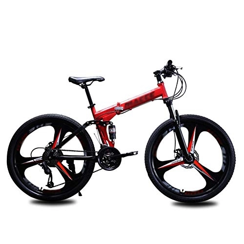 Falträder : NXX Mountainbike Stoßdämpfung Faltbare Mountainbike 24 Zoll, MTB Fahrrad mit 3 Schneidrad für Erwachsene, Leichtes Aluminium Full Suspension Rahmen, Federgabel, Scheibenbremse, Rot, 24 Speed