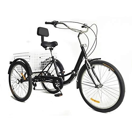 Falträder : OUKANING Erwachsene Dreirad 24 Zoll 3 Rad Fahrrad 7 Gang Tricycle mit Rückenlehne und Shopping Korb(Schwarz)