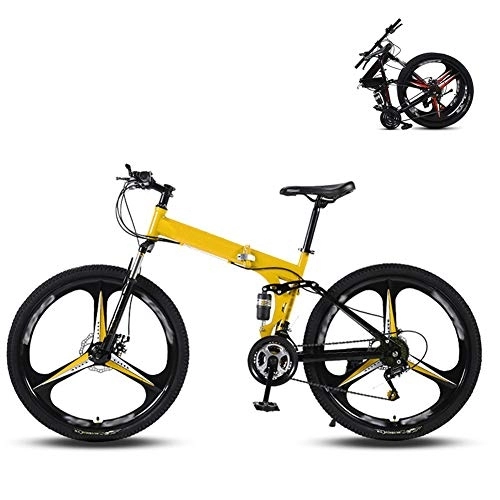 Falträder : Ouumeis 24-Zoll Faltbare Mountainbike Variabler Geschwindigkeit Und Doppelter Stoßdämpfung All Terrain Adult Fahrrad Für Erwachsene DREI-Schneidräder-Rahmen Aus Kohlenstoffstahl, Gelb, 27 Speed