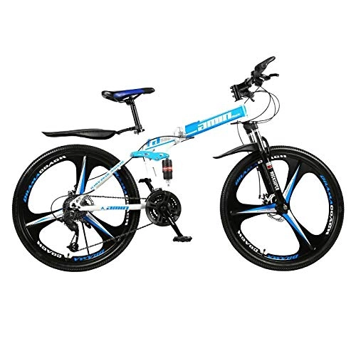 Falträder : PsWzyze Faltbares Mountainbike, Faltbares Citybike für Erwachsene, 26-Zoll-Mountainbike mit 21 Gängen und faltbares Cross-Country-Fahrrad aus Kohlenstoffstahl-Blau