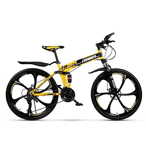 Falträder : SANLDEN Unisex Mountainbike mit Zwei Federn, 26 Zoll 6-Speichen-Räder Stahlrahmen mit hohem Kohlenstoffgehalt Faltrad, 21 / 24 / 27 / 30 Geschwindigkeit mit Doppelscheibenbremse, Yellow, 21Speed