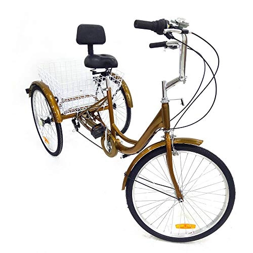 Falträder : SHIOUCY 24" 3 Rad Erwachsene Fahrrad Dreirad Cruise Tricycle Trike + Korb + Kopflicht, 6 Geschwindigkeit Korb Dreirad Pedal Warenkorb Lastenfahrrad (Gold)