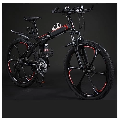 Falträder : SLDMJFSZ 24-Zoll-Mountainbike, Faltrad aus Kohlenstoffstahl, Doppelscheibenbremsen vorne und hinten, 21 / 24 / 27 / 30 Gänge, 6-Speichen-Rad, kann 150 kg tragen, Black red, 21speed