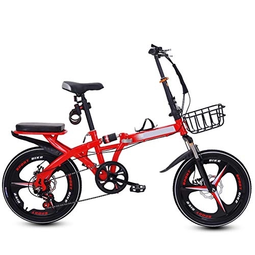 Falträder : SYCHONG Klapprad, Faltbar Compact Fahrrad, Ultra Light Tragbarer Einstellbare Geschwindigkeit Kleines Fahrrad, Einspurige Stoßdämpfung, Doppelscheibenbremse, Rot, 16inches