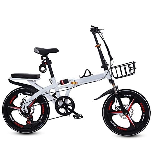 Falträder : SYCHONG Klapprad, Ultra Light Tragbarer Einstellbare Geschwindigkeit Kleines Fahrrad, Doppelstoßdämpfung, Doppelscheibenbremse, Weiß, 16inches