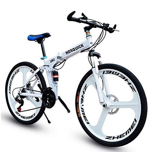 Falträder : SYCHONG Mountainbike-Dreimesser Rad Doppelaufhebung Faltrad 30Speed ​​MTB Fahrrad, Weiß, 26inches