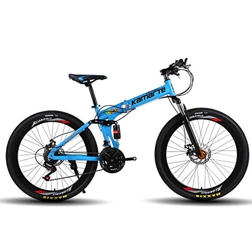 Falträder : WEHOLY Fahrrad Mountainbike 24-Gang Stahlrahmen 26 Zoll Speichenrad Doppelfederung Faltrad, Blau, 21-Gang