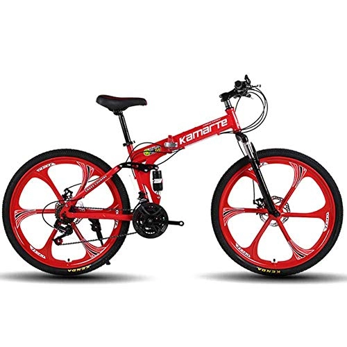 Falträder : WEHOLY Fahrrad-Unisex-Mountainbike, 24-Gang-Faltrad mit Doppelfederung, 26-Zoll-6-Speichen-Rädern und Doppelscheibenbremse, rot, 27-Gang