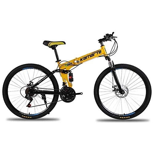 Falträder : WEHOLY Fahrrad-Unisex-Mountainbike, 27-Gang-Faltrad mit Doppelfederung, 24-Zoll-Speichenrad und Doppelscheibenbremse, für Männer und Frauen, gelb, 24-Gang