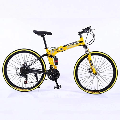 Falträder : WGYAREAM Mountainbike, 26 Zoll zusammenklappbares Gebirgsfahrrad Carbon Steel 21 24 27 Geschwindigkeiten Doppelaufhebung Ravine Bike Doppelscheibenbremse (Color : Yellow, Size : 21 Speed)