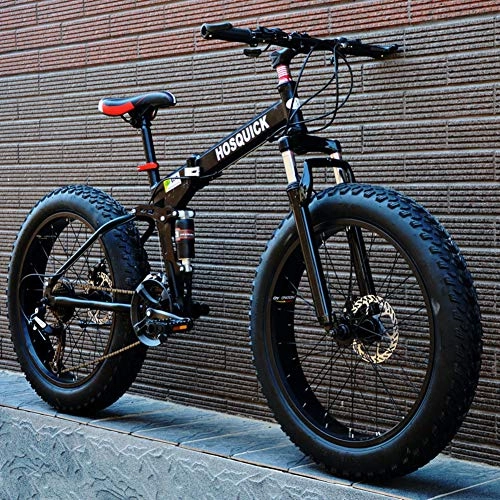 Falträder : WJH Fat Tire Herren Mountainbike High Carbon Stahlrahmen mit Variabler Geschwindigkeit Doppelstoßdämpfung Faltbare Fahrrad, geeignet für Menschen mit Einer Höhe von 135-190CmSchwarz, 27 Speed 26 inch