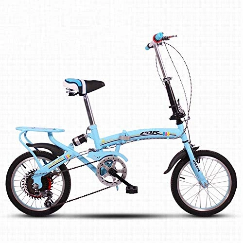 Falträder : WJSW Ultraleicht Mini Faltrad Deluxe Variable Geschwindigkeit Stoßdämpfung 16 Zoll Erwachsene (Farbe: Blau)