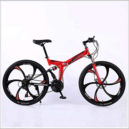 Falträder : XER Mountain Bike Folding Rahmen MTB Bike Doppelaufhebung Mens-Fahrrad 27 Geschwindigkeiten 26 Zoll 6-High-Carbon Stahl Fahrradscheibenbremse, Rot, 21 Speed