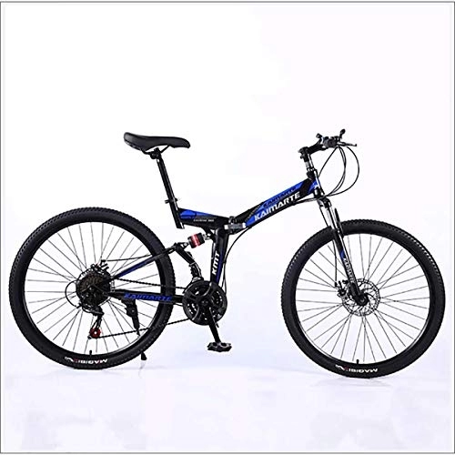 Falträder : XER Mountainbike 24 Speed ​​Steel High-Carbon Stahl 24 Zoll Speichenrad Doppelaufhebung Faltrad für Pendler Stadt, Blau, 27 Speed