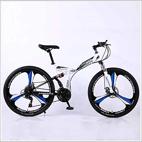 Falträder : XER Mountainbike 27 Speed ​​Steel High-Carbon Stahl 24 Zoll 3-Speichen-Räder Doppelaufhebung Faltrad für Pendler Stadt, Weiß, 21 Speed