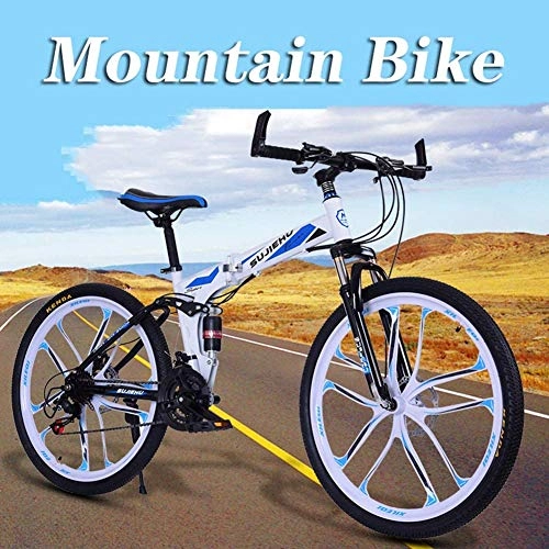 Falträder : XRQ Voll Doppel-Suspension Mountainbike Dual Disc Brake, High Carbon Stahlrahmen 26 Zoll-Männer Folding Mountain Bike, 24 Geschwindigkeit, Weiß, 26IN