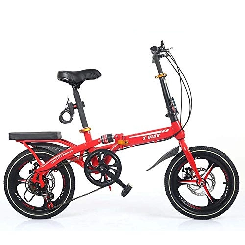 Falträder : YANGMAN-L Faltrad Pendler, mit Gepäckträger Folding 6 Speed ​​Bike City High Kohlenstoffstahl Scheibenbremse, 16-Zoll-Räder, Rot