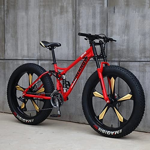 Mountainbike : 26'' Mountainbikes Für Erwachsene, Fat Tire Mountainbike, Speed-Fahrrad Vom 21.7.27, Leichter Rahmen Aus Kohlenstoffhaltigem Stahl, Doppelaufhängungsrahmen All-Terra red-27 Speed