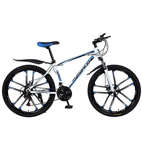 Mountainbike : 26 Zoll hohen Kohlenstoffstahl 10 Speichen eines Rades Bergdoppelscheibenbremse Stoßdämpfung Variabler Geschwindigkeit Langfahrrad, White Blue, 26 inches
