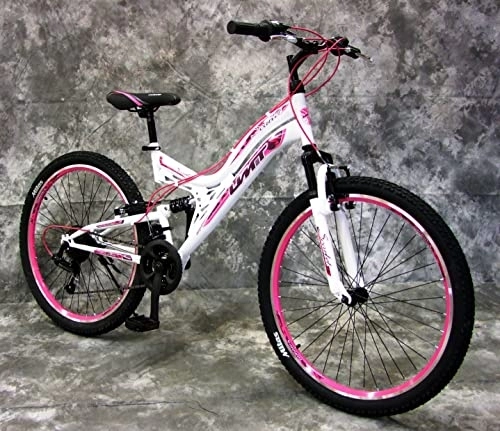 Mountainbike : 26 Zoll Scarlet MTB Vollgefedert mit 21-Gang Shimano Kettenschaltung Neu 2640 Weiss-Pink