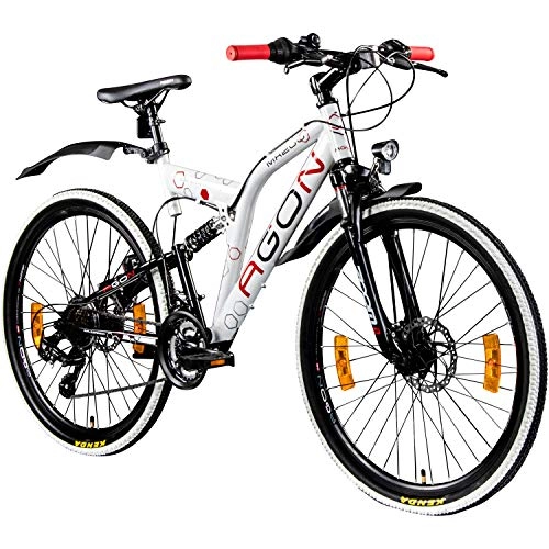 Mountainbike : AGON Mountainbike Fully 26 Zoll Full Suspension MTB Fahrrad MX200 21 Gänge (weiß / rot, 47 cm)