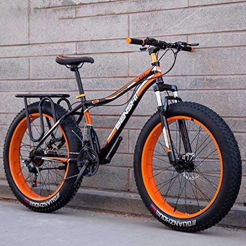 Mountainbike : AISHFP Mens Fat Tire Mountain Bike, Strand Schnee-Fahrrad, Doppelscheibenbremse Cruiser Bikes, Leichte High-Carbon Stahlrahmen Fahrrad, 26 Zoll-Räder, Orange, 27 Speed
