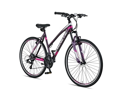 Mountainbike : ALTEC Magnetic Trekking Fahrrad für Frauen, V-Brakes, 28 Zoll Räder, 52 cm Alimuniumrahmen, Gabelfederung, Shimano 21 Speed, Doppelwandige Alufelgen MTB (Grau / Pink)