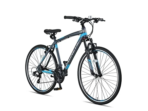 Mountainbike : ALTEC Magnetic Trekking Fahrrad für Männer, V-Brakes, 28 Zoll Räder, 51 cm Alimuniumrahmen, Gabelfederung, Shimano 21 Speed, Doppelwandige Alufelgen MTB (Anthrazit / Blau)