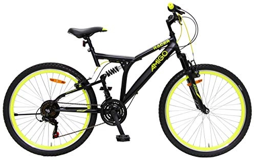 Mountainbike : Amigo Racer - Mountainbike für Jungen und Mädchen - 26 Zoll - Shimano 18-Gang - geeignet ab 150 cm - Vollfederung - mit Handbremse und fahrradständer - Schwarz / Gelb