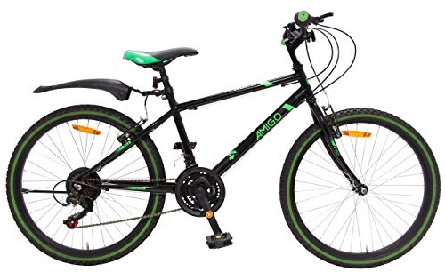Mountainbike : Amigo Rock - Mountainbike für Jungen und Mädchen - 24 Zoll - Shimano 18-Gang - geeignet ab 135 cm - mit Handbremse, Scheibenbremse und fahrradständer - Schwarz / Grün