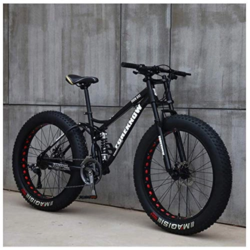 Mountainbike : AMITD Mountainbike MTB, 26 Zoll Fette Reifen Fahrrad, Fahrrad mit Scheibenbremsen, Rahmen aus Kohlenstoffstahl, MTB Fahrrad für Herren und Damen, 7 Speed, Black Spoke