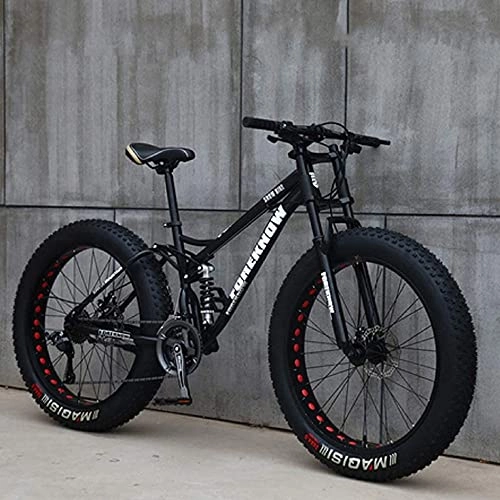Mountainbike : AZBYC Mountainbike, 26 Zoll (66 cm), Erwachsene, Fat-Tyre-Mountain-Trail-Bike, 24-Gang-Fahrrad, Rahmen Aus Karbonstahl, Doppelte Vollfederung, Doppelte Scheibenbremse, Black