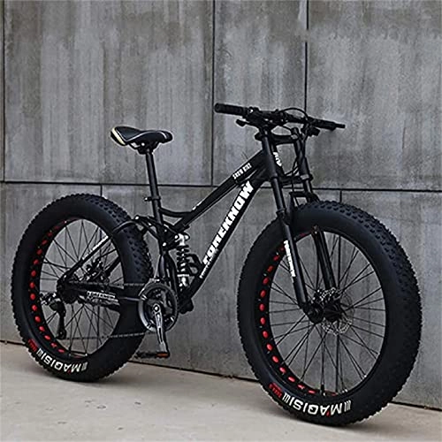 Mountainbike : AZBYC Mountainbike, 26 Zoll (66 cm), Erwachsene, Fat-Tyre-Mountain-Trail-Bike, 24-Gang-Fahrrad, Rahmen Aus Karbonstahl, Doppelte Vollfederung, Doppelte Scheibenbremse (Black)