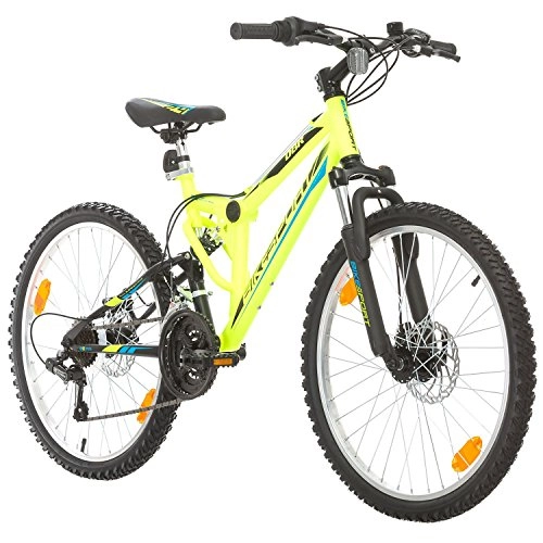 Mountainbike : Bikesport Fahrrad MTB Mountainbike Fully Full Suspension 24 Zoll Parallax Shimano 18 Gang (Neongrüner Matt)