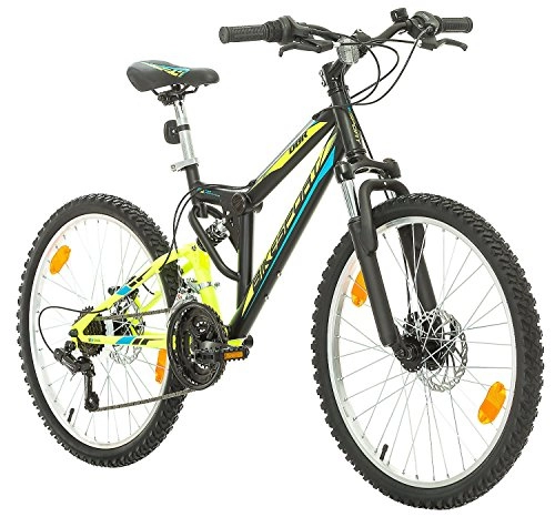 Mountainbike : Bikesport Fahrrad MTB Mountainbike Fully Full Suspension 24 Zoll Parallax Shimano 18 Gang (Schwarz Neon Grün)